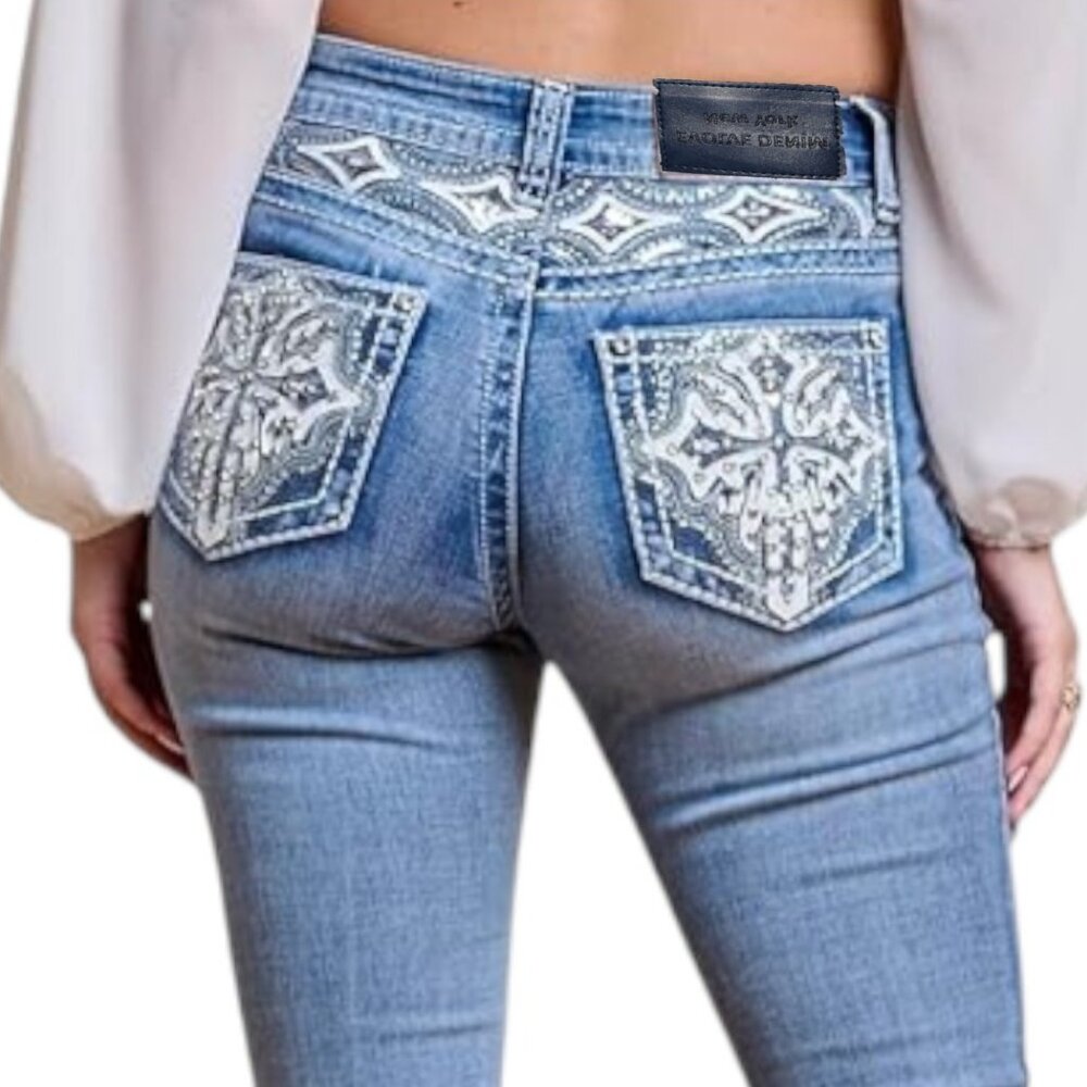 EVOLVE Embroidered Flare Jeans Women’s size 11 Thick Stitched Bling Butt Cross